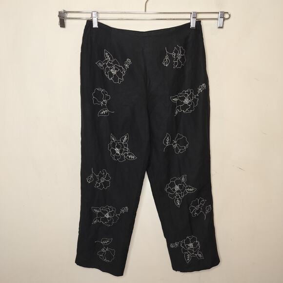 Jillian Jones Pants Floral Embroidered Linen Blend Cropped - Picture 1 of 8